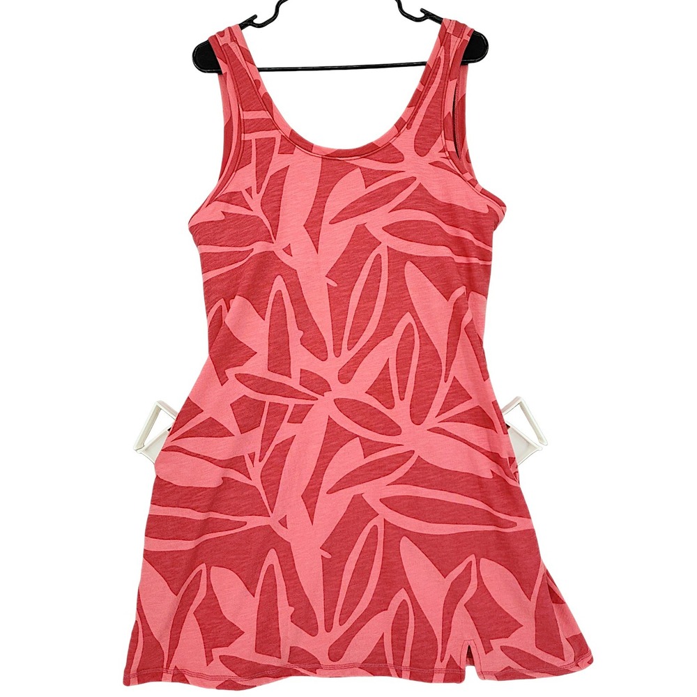 Title Nine Dress L Red Pink Floral Leaf Print Built-in Bra Pocket Sporty Preppy